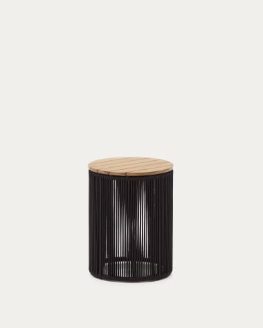 Stolik pomocniczy Dandara ze stali, czarnego sznurka i litego drewna akacjowego Ø 40 cm FSC 100%