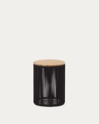 Couchtisch Dandara aus Stahl, schwarzem Flechtwerk und massivem Akazienholz Ø40 cm 100% FSC