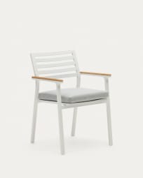 Krzesło ogrodowe sztaplowane Bona aluminiowe z białym wykończeniem i podłokietnikami z litego drewna tekowego