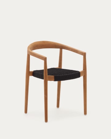 Ydalia stackable outdoor chair in solid teak wood with natural finish and black rope