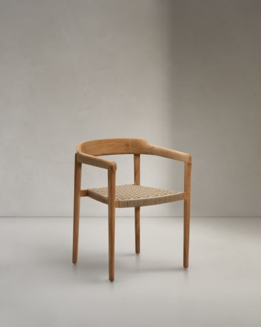 The Icaro stackable chair in solid teak wood with a natural finish and beige rope cord, 100% FSC