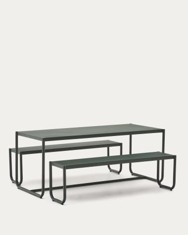 Sotil Set of 2 Benches and Galvanized Steel Table with Green Finish 183 x 83 cm
