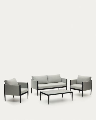 Set Satuna de 2 sillones, de sofá 2 plazas y mesa de centro de metal con acabado glaseado
