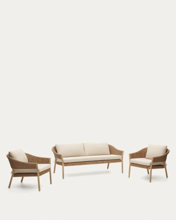 Pola set, 2 seater sofa & 2 armchairs in solid eucalyptus and faux-rattan, FSC