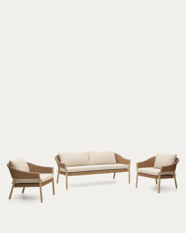 Pola stapelbares Set 2-Sitzer-Sofa + 2 Sesseln massiver Eukalyptus Kunstrattan 100% FSC