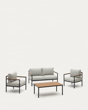 Set Aiguafreda divano 2 posti, 2 poltrone, un tavolino alluminio grigio e legno acacia
