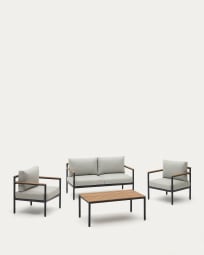 Set Aiguafreda de sofá 2 plazas, 2 sillones y mesa aluminio gris y madera acacia FSC 100%