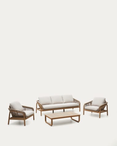 Set Vellana 3-zitsbank, 2 fauteuils en koffietafel van FSC 100% massief acaciahout beige touw