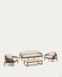 Set Vellana sofá 3 plazas, 2 sillones y mesa centro madera maciza acacia FSC 100% cuerda b