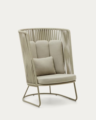 Outdoor fauteuil Saconca met hoge rugleuning in touw en groen gegalvaniseerd staal