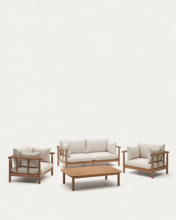 Sacova zestaw 2 foteli, 2 osobowa sofa i stolik kawowy z litego drewna eukaliptusowego FSC