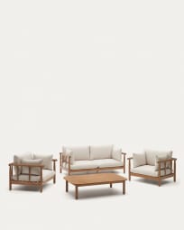 Sacova set of 2 armchairs, 2 seater sofa and coffee table in solid eucalyptus wood FSC