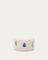 Yanil 100% white cotton pouffe with multicolour leaf embroidery, Ø 40 cm