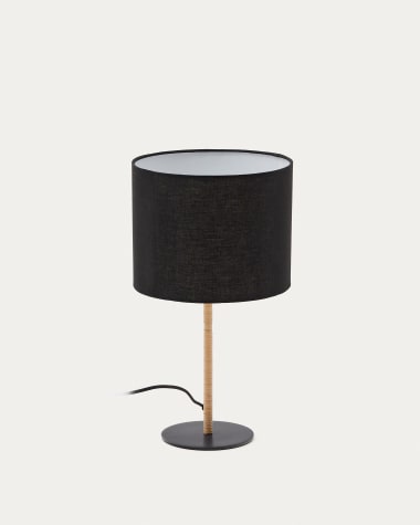 Pina metal and rattan table lamp with a black cotton lamp shade and a UK adapter