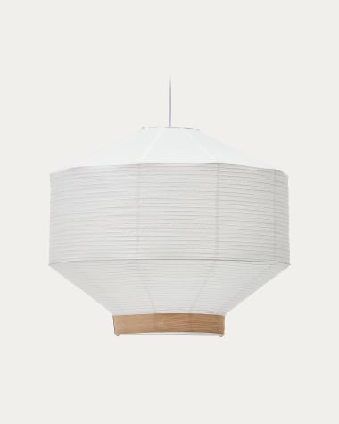 Abażur do lampy sufitowej Hila wykonany z białego papieru i okleiny z naturalnego drewna Ø 80 cm