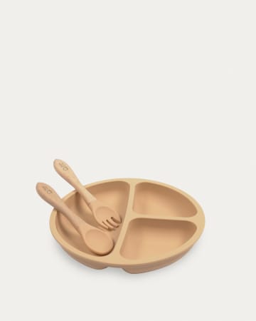 Bord- en bestekset Epiphany in beige siliconen en hout