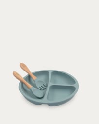 Epiphany plate and cutlery set in blue silicone and wood