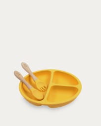 Epiphany plate and cutlery set in mustard silicone and wood