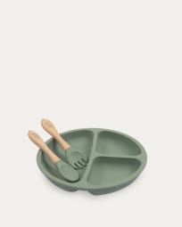 Epiphany plate and cutlery set in green silicone and wood