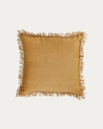 Abinadi mustard cotton and linen cushion cover with fringe 45 x 45 cm