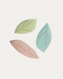 Daney set of 3 leaf-shaped cushions in pink, green and blue organic GOTS-certified cotton
