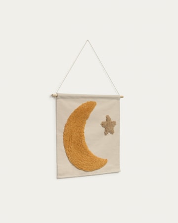 Hoshi Wandteppich 100% Baumwolle senfgelber Mond und brauner Stern 40 x 40 cm