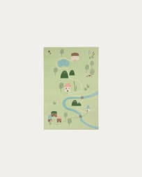 Llaru 100% cotton rug in green with multi-coloured trees 90 x 130 cm
