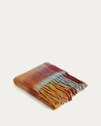 Galilea blanket with patterned squares with tassels in multicolour wool, 125 x 150 cm