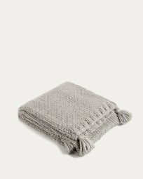 Jandra blanket with tassel pom poms in grey wool, 125 x 150 cm
