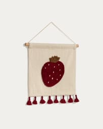 Amarantha 100% cotton wall hanging with red strawberry and tassels in white, 40 x 40 cm