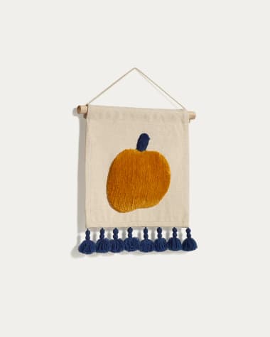 Amarantha Wandteppich 100% Baumwolle weiß mit Apfel orange und Fransen blau 40 x 40 cm