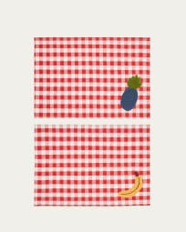 Naunet set van 2 vierkante placemats in rood en wit met fruit details, 100% katoen