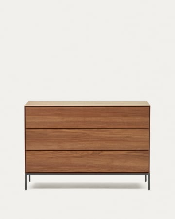 Vedrana 3 drawer chest of drawers in walnut veneer with black steel legs, 110 x 75 cm