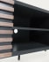 Έπιπλο τηλεόρασης Kesia 2 μαύρες λακαρισμένες πόρτες σε καπλαμά καρυδιάς και μαύρο φινιρισμένο ατσάλι, 162x58εκ