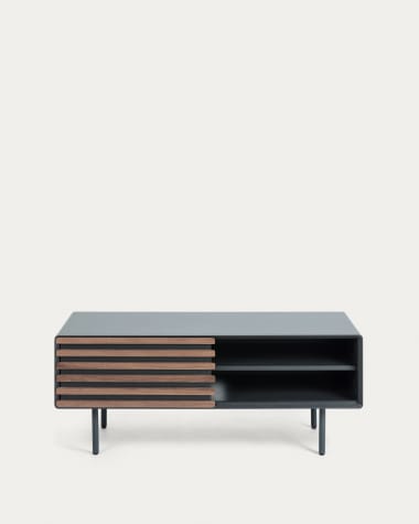 Kesia 1-deurs TV-meubel met notenhoutfineer met zwarte lak & zwart staal, 120 x 48,5 cm