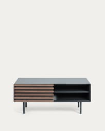 Mueble TV Kesia 1 puerta chapa de nogal lacado negro y acero acabado negro 120 x 48,5 cm