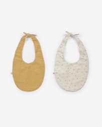 Yamile set of 2 bibs organic cotton (GOTS) in mustard and beige with multicoloured leaves