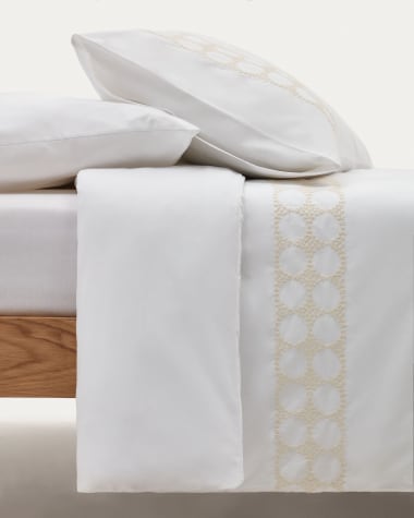 Teia cotton percale duvet cover and pillowcase set in white with floral embroidery, 90x190 cm