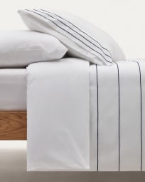 Cintia cotton percale duvet cover and pillowcase set in white with striped embroidery, 90 x 190 cm