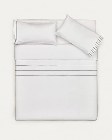 Set Cintia capa edredão e fronhas almofada algodão percal branco bordado riscas 135x200cm