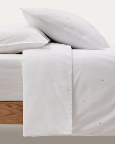 Witte set dekbedovertrek en kussenslopen Sontag van percale katoen met ingeweven accenten voor een bed van 90 cm