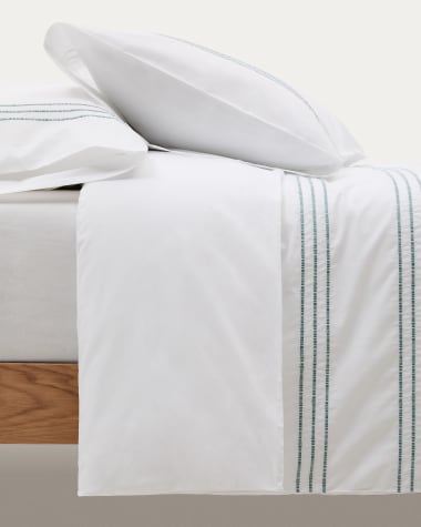 Witte set dekbedovertrek en kussenslopen Saigan van 180-draads, 100% percale katoen met ingeweven strepen voor een bed van 190 cm