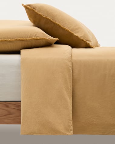 Set Sifinia Bettdecken- und Kopfkissenbezug aus 100% Baumwollperkal mit Fransen senffarben Bett 150 cm