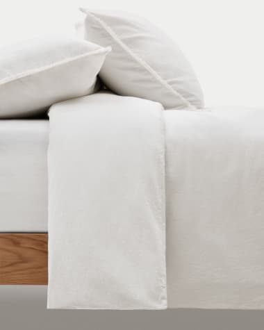 Set Sifinia Bettdecken- und Kopfkissenbezug aus 100% Baumwollperkal mit Fransen eierschalfarben Bett 180 cm