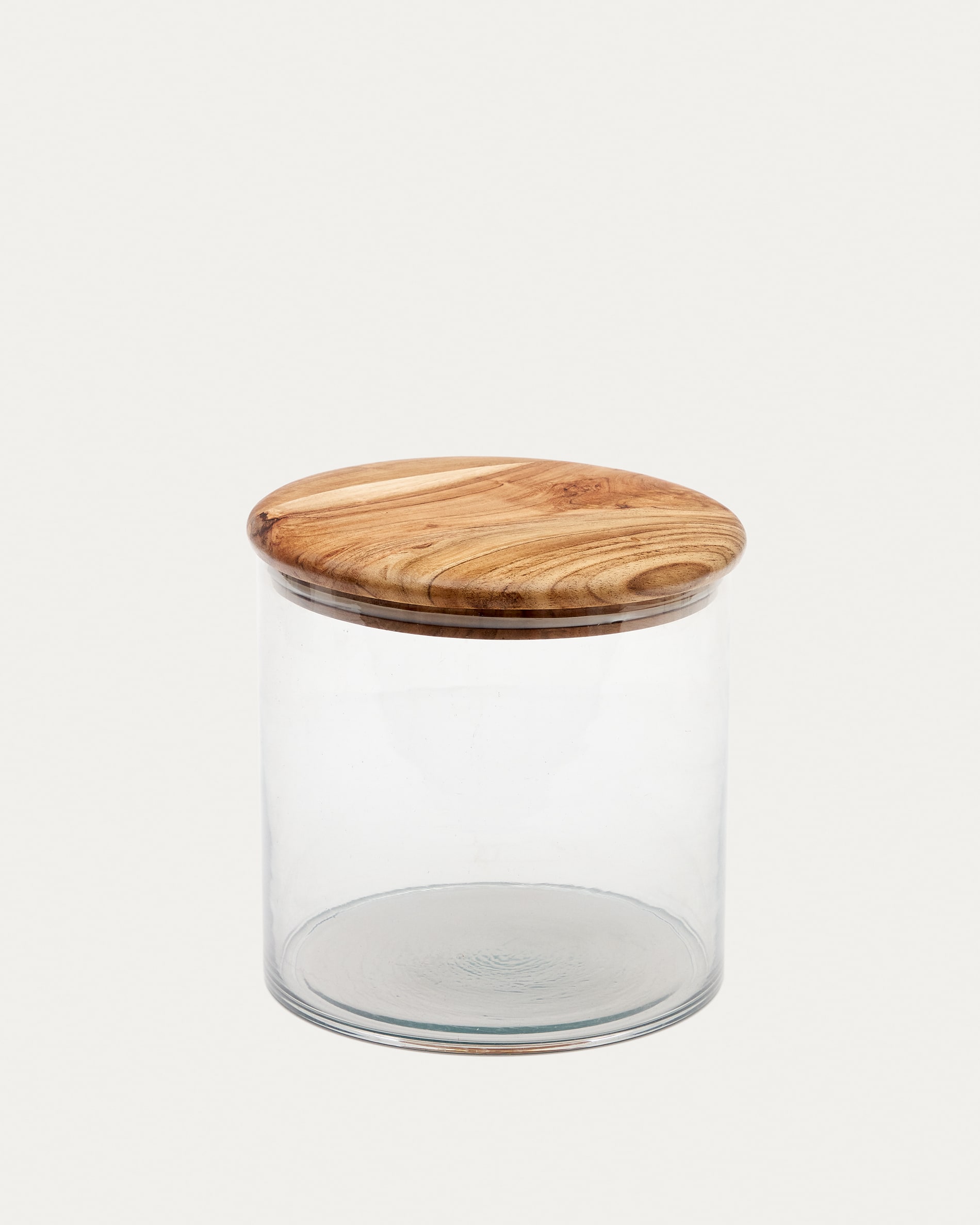 Bote grande con tapa Kasia de vidrio transparente y madera maciza de acacia
