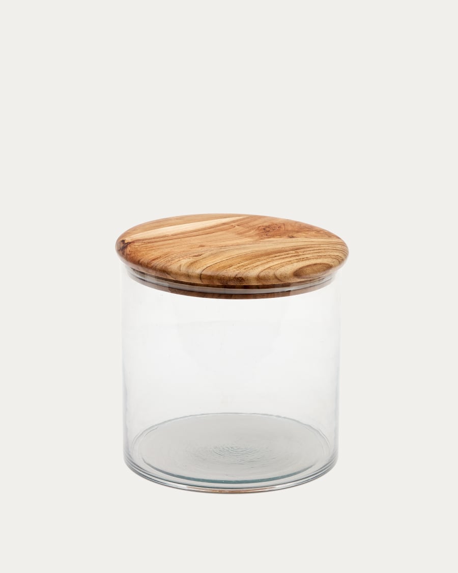 Contenitore grande con coperchio Kasia in vetro trasparente e legno  massiccio di acacia | Kave Home®
