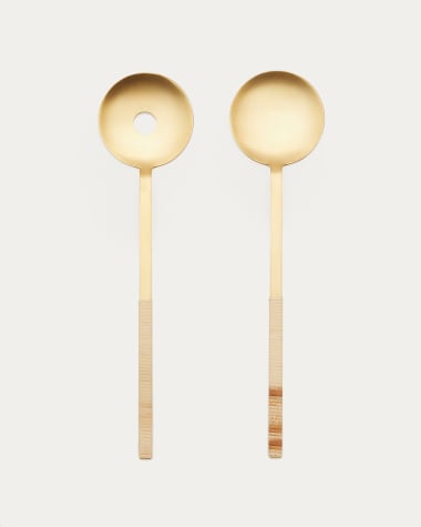 Suli set of 2 gold-finished stainless steel and rattan kitchen utensils