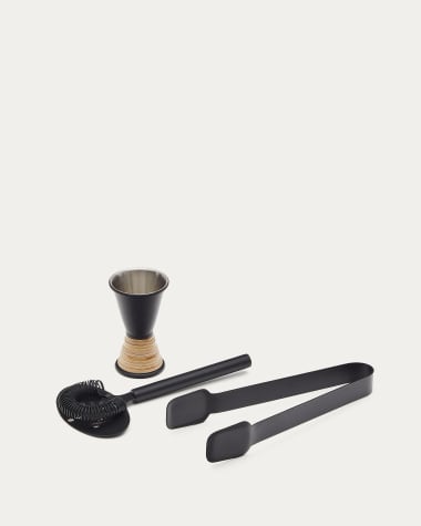 Shai set of black stainless steel and rattan cocktail utensils