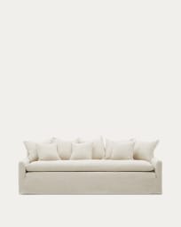 Zenira sofa with removable cover and beige cotton and linen cushions, 230 cm