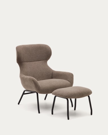 Belina chenille armchair with footrest in light brown and steel with black finish